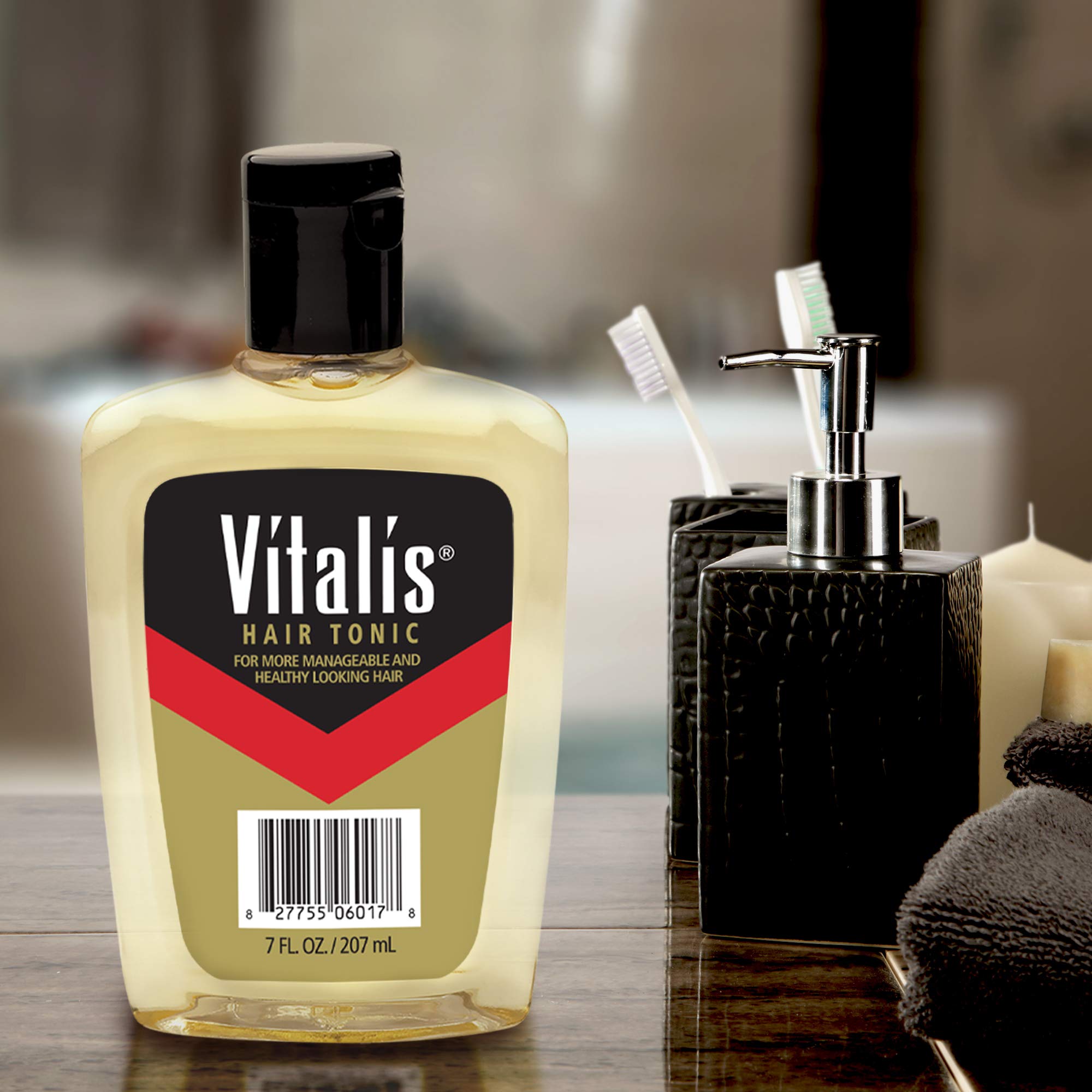 Vitalis Hair Tonic 7 Fluid Ounce bottles demonstrating the lightweight non greasy grooming formula