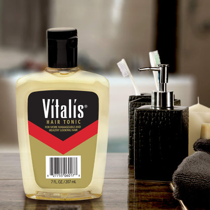 Vitalis Hair Tonic 7 Fluid Ounce bottles demonstrating the lightweight non greasy grooming formula