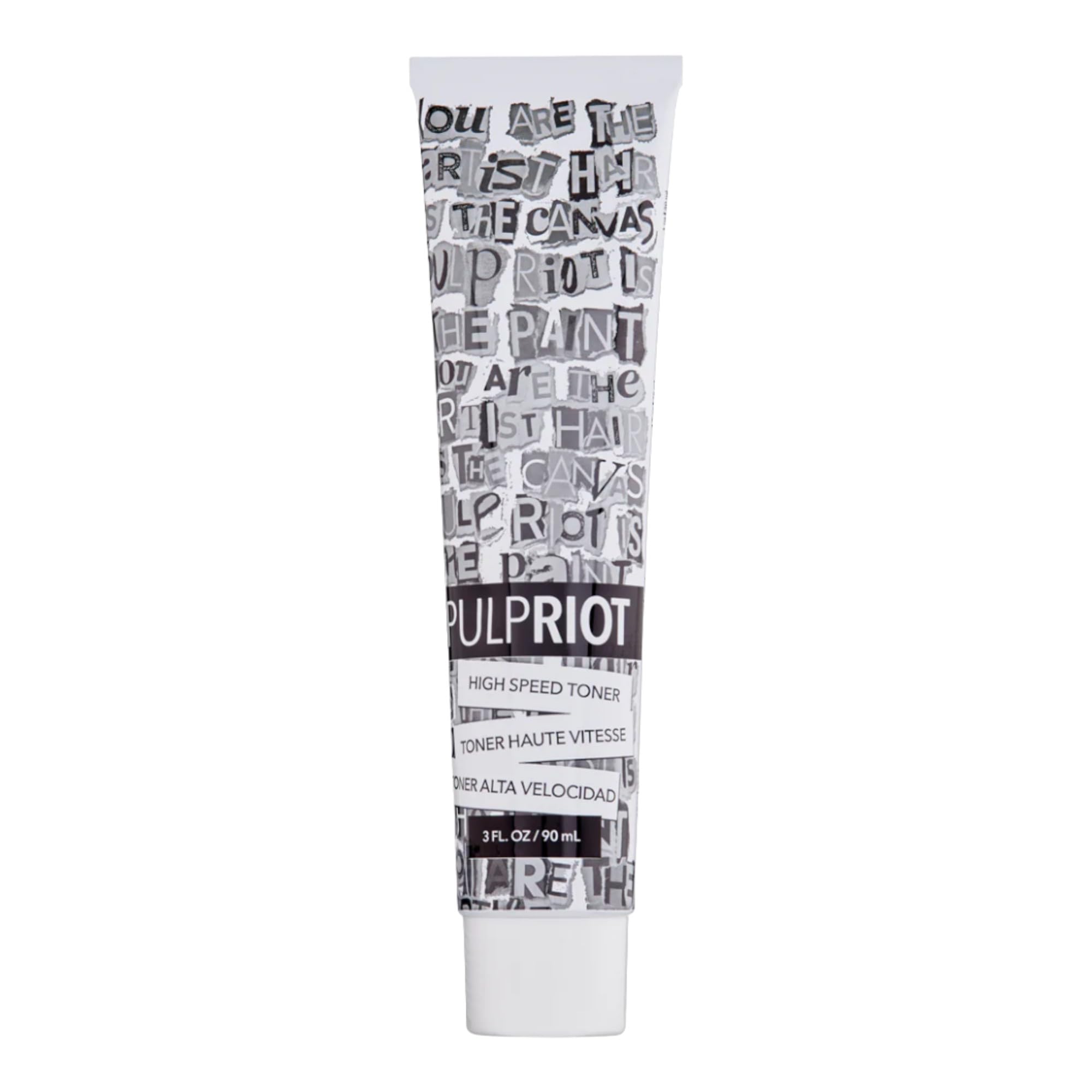 Back view of the three ounce Pulp Riot High Speed Toner tube highlighting instructions and product warnings.