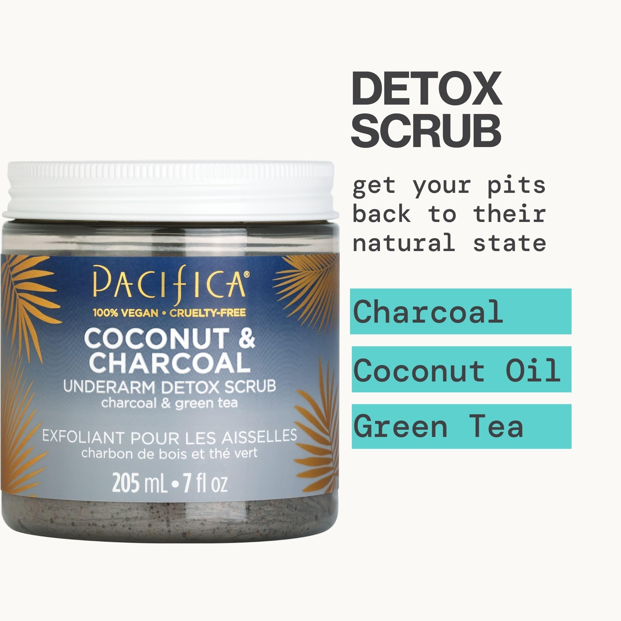 Pacifica coconut and charcoal underarm body scrub packaging for natural deodorant users