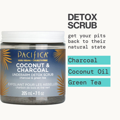 Pacifica coconut and charcoal underarm body scrub packaging for natural deodorant users
