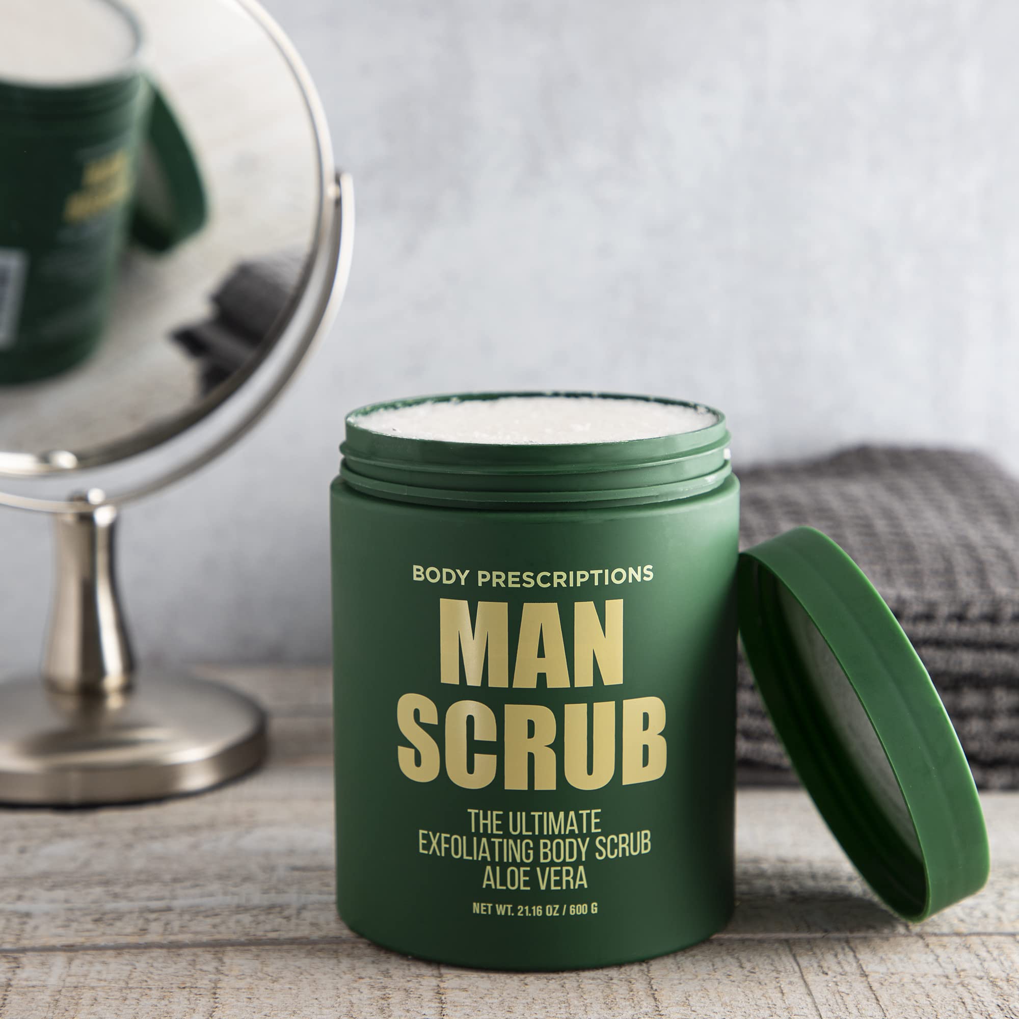 Body Prescriptions Mens Body Scrub twist top lid open showing exfoliating texture