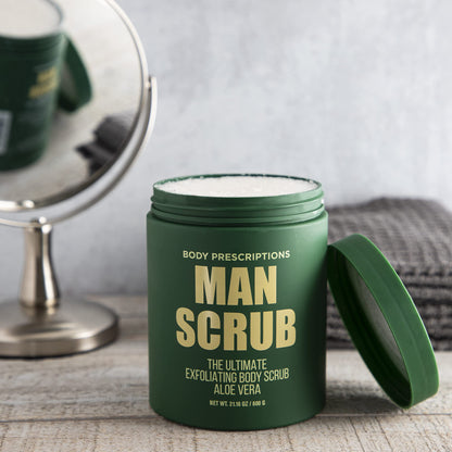 Body Prescriptions Mens Body Scrub twist top lid open showing exfoliating texture
