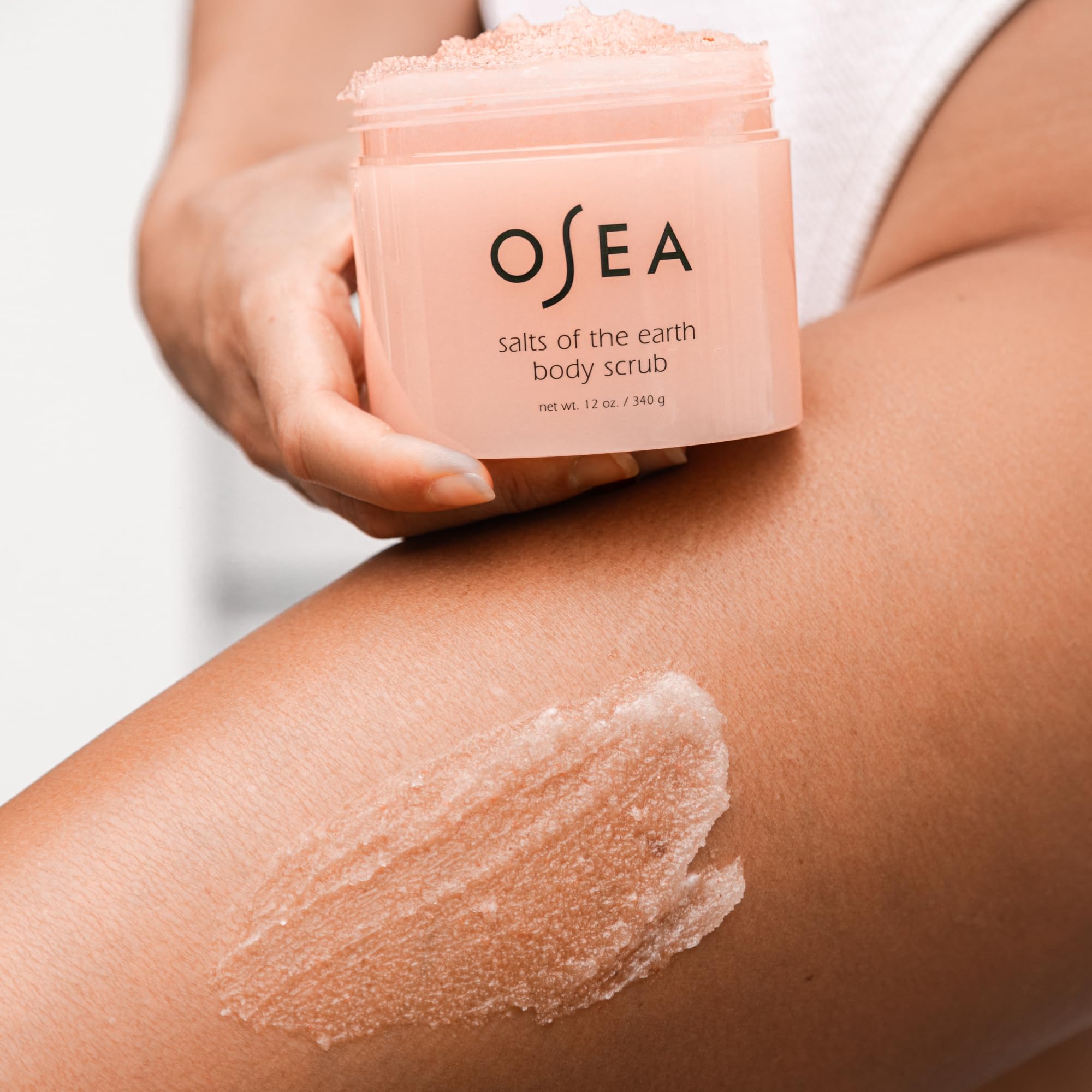 Close up of Osea pink Himalayan salt scrub texture
