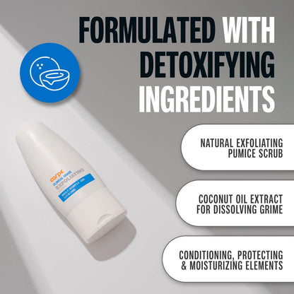 Back of Carpe exfoliating scrub bottle showing ingredients and usage