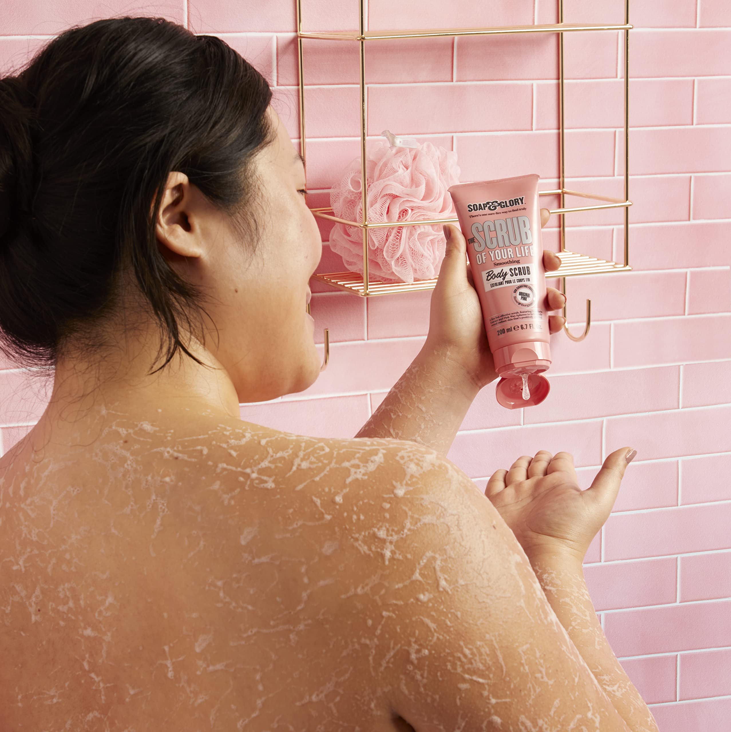 Side view of Soap and Glory 200ml body polish tube