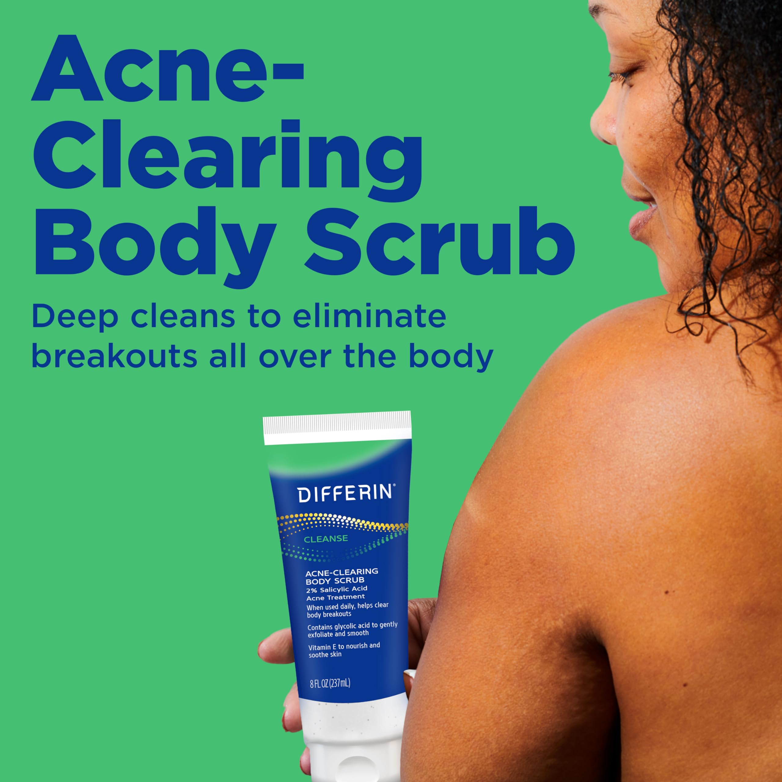 Back view of Differin body scrub tube showing salicylic acid active ingredient details.