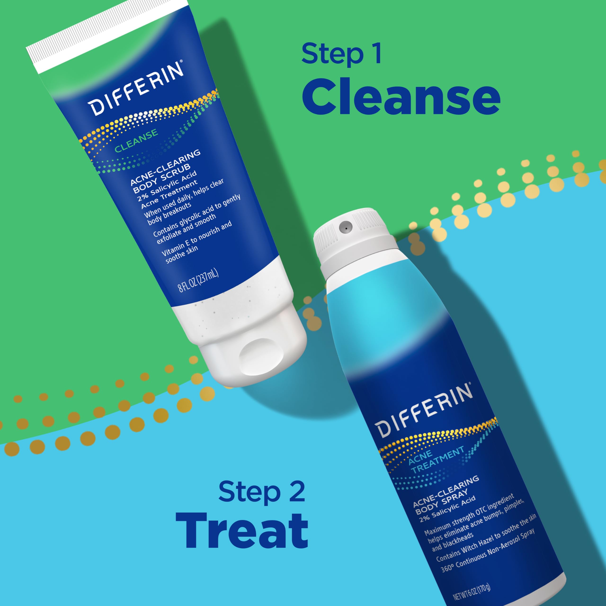 Close up of the official packaging text for Differin body scrub for shoulder and back breakouts.