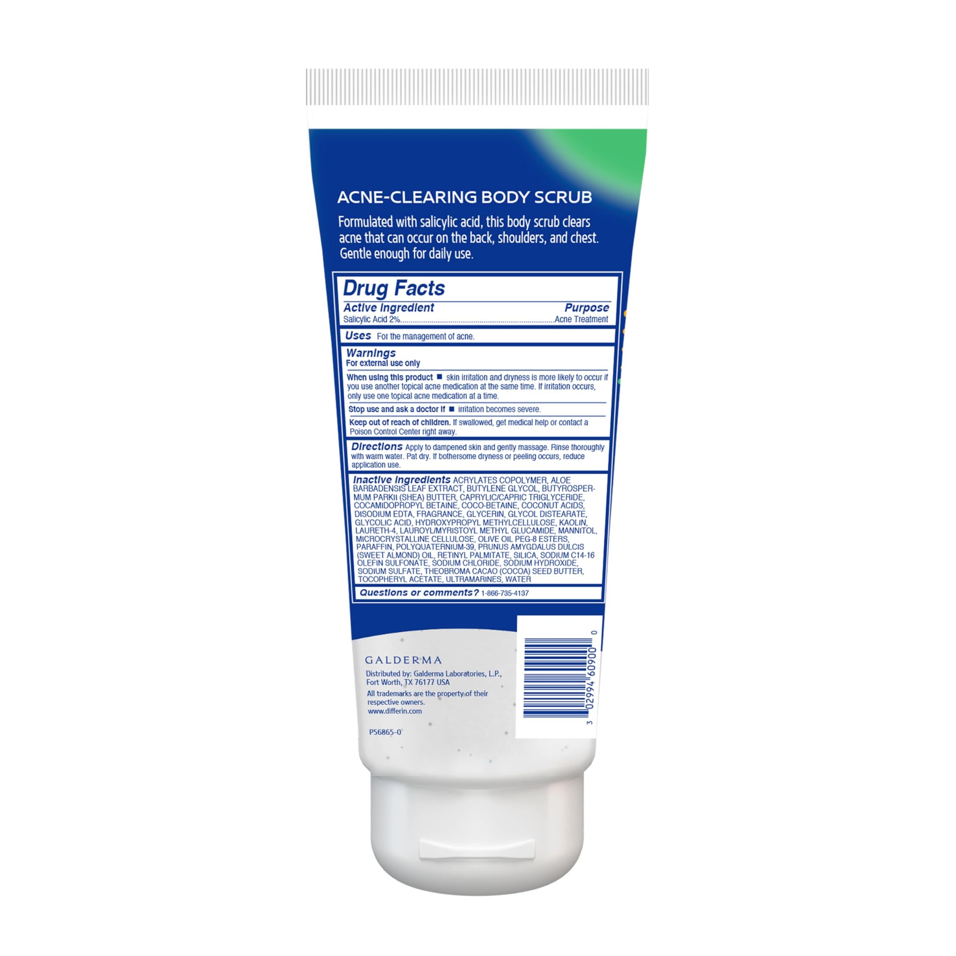 Differin body scrub displaying the clear skin solution product benefits on the label.