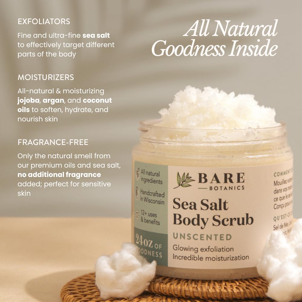 Bare Botanics fragrance free body exfoliator jar opened alongside the included wooden application spoon.