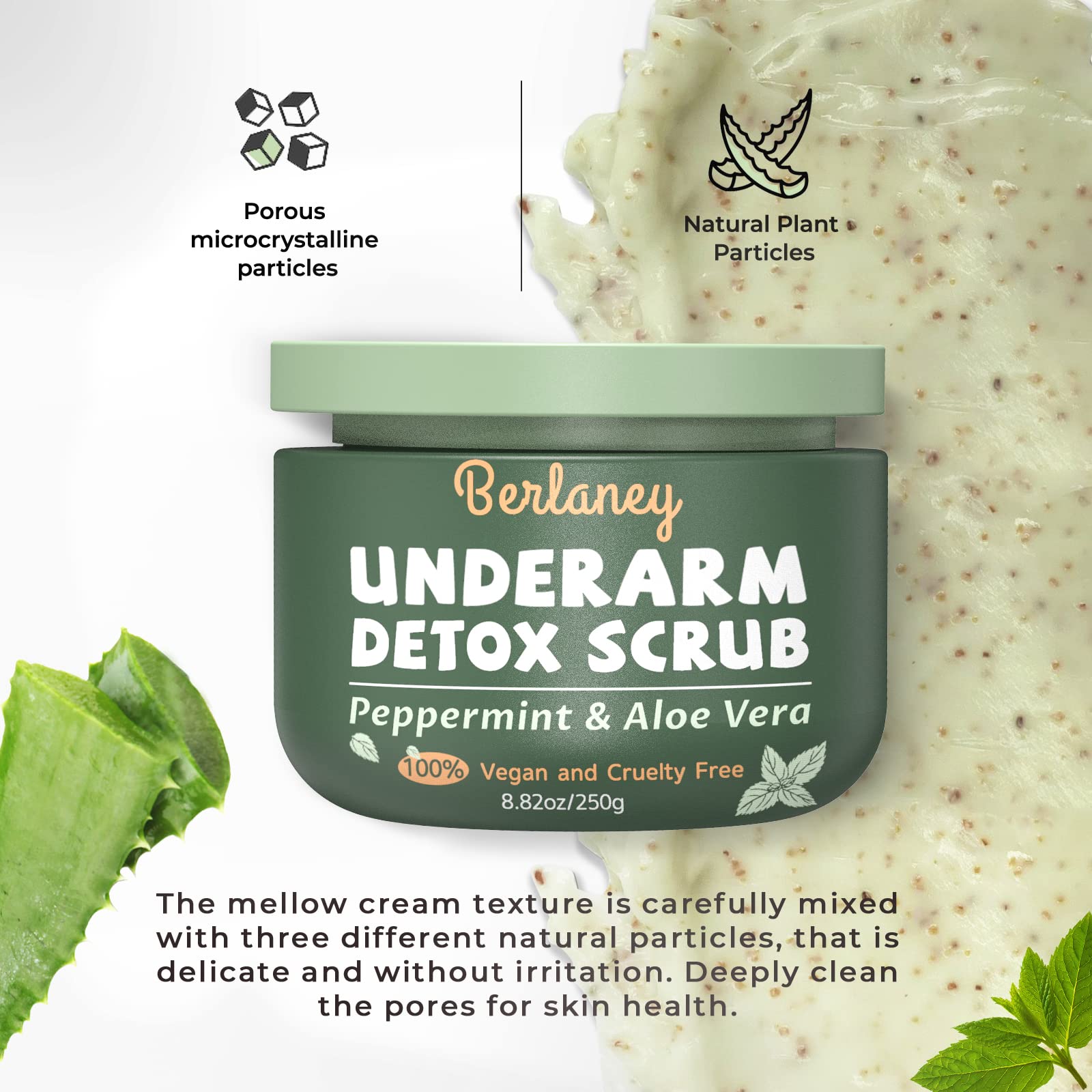 Berlaney underarm exfoliating scrub tub displaying product weight and deep cleanse features.