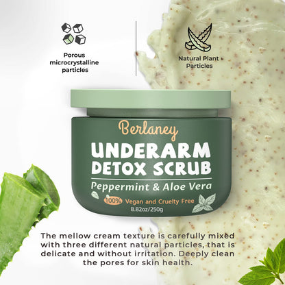 Berlaney underarm exfoliating scrub tub displaying product weight and deep cleanse features.