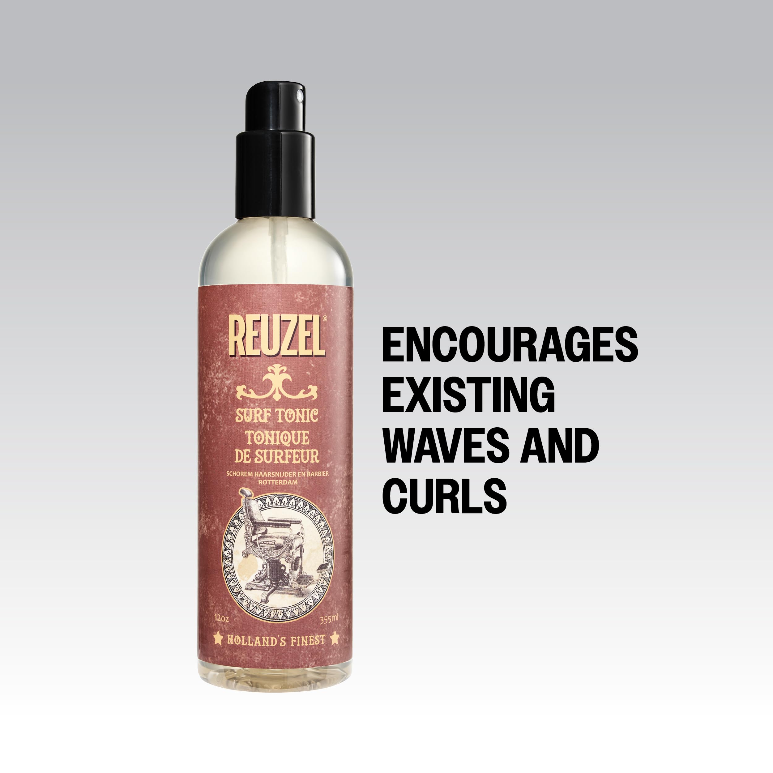 Reuzel Surf Tonic texturizing spray formula being misted for lightweight volume and grip application