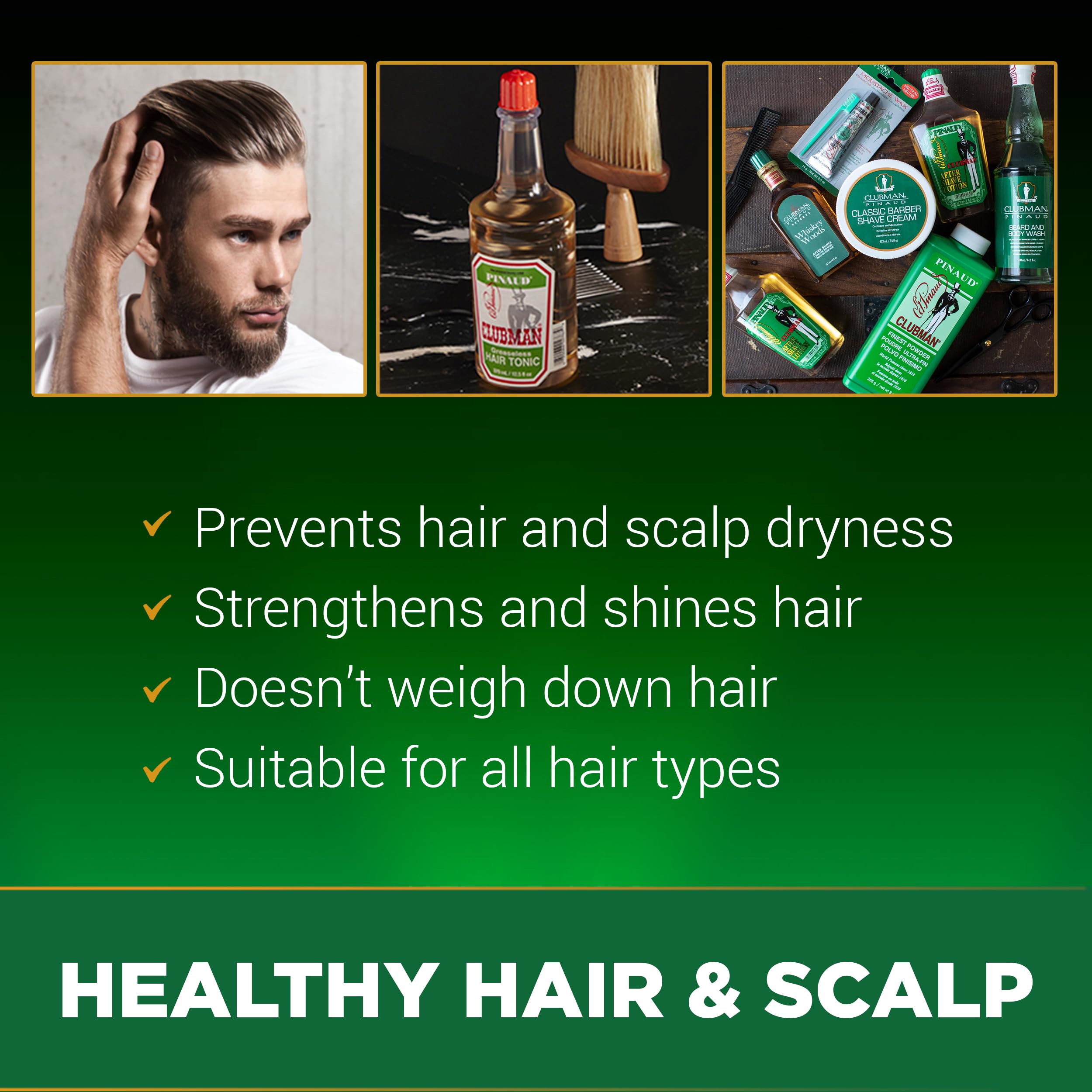 Greaseless hair tonic by Clubman Pinaud for dry scalp relief and shine