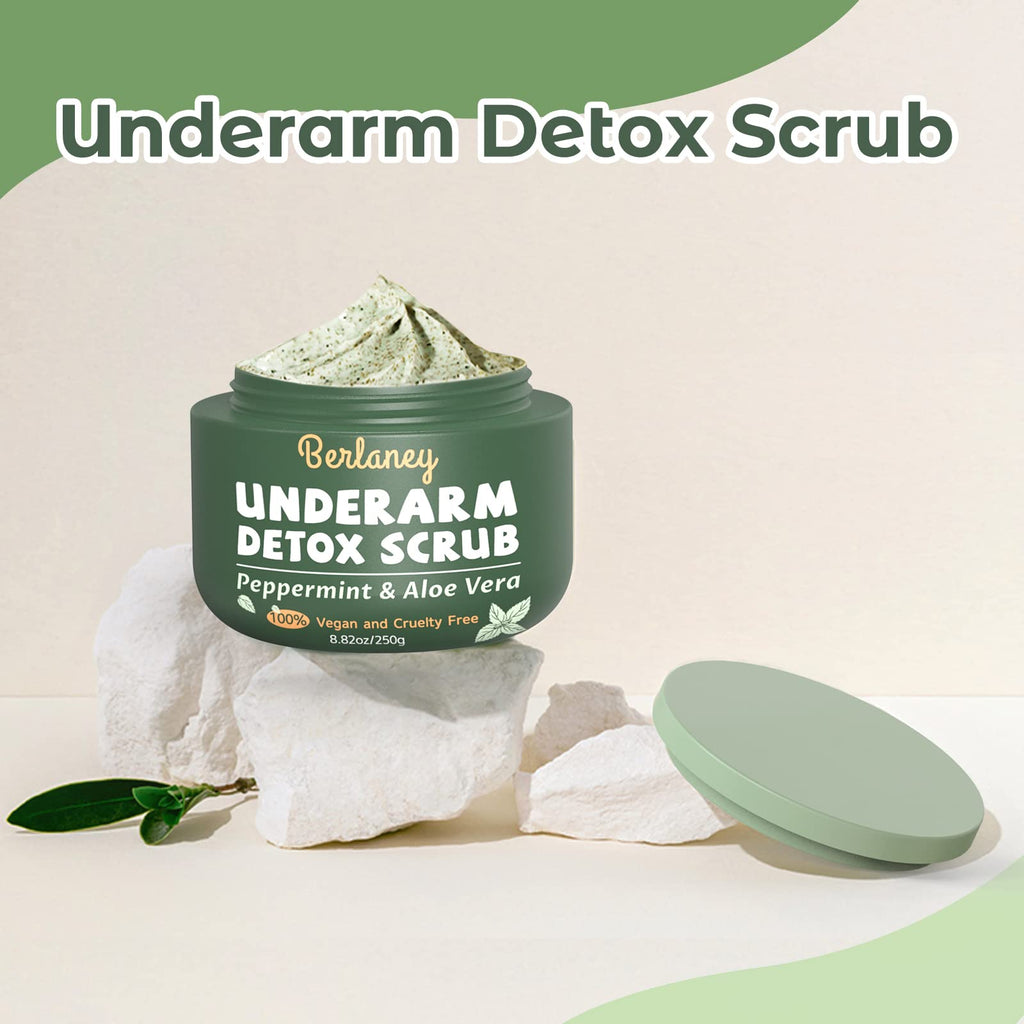 Berlaney Detox Scrub lifestyle display with natural botanical ingredients