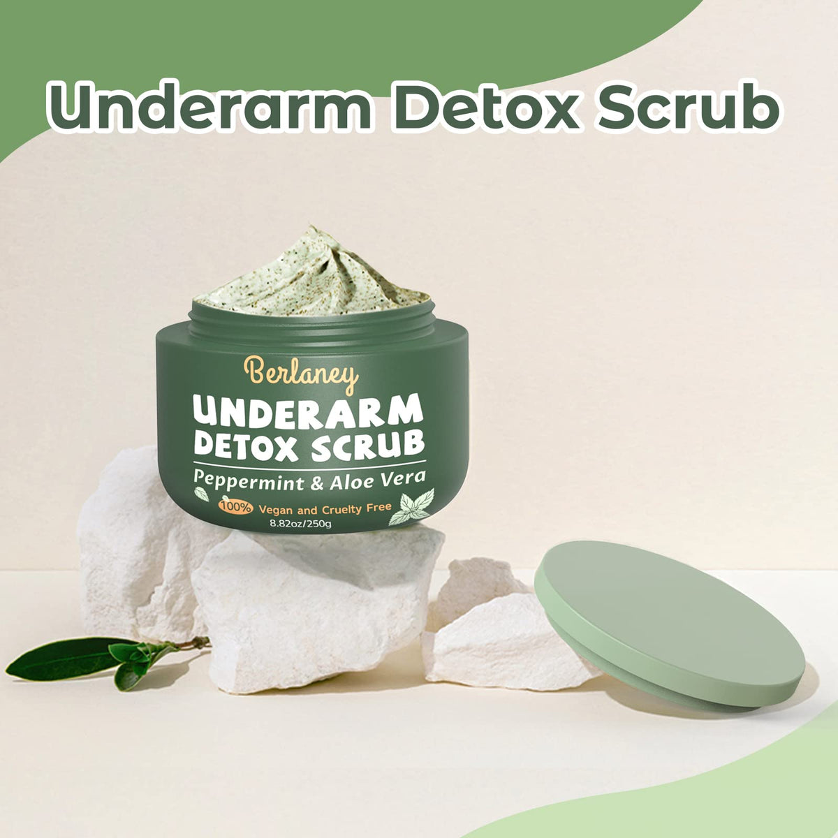 Berlaney Detox Scrub lifestyle display with natural botanical ingredients