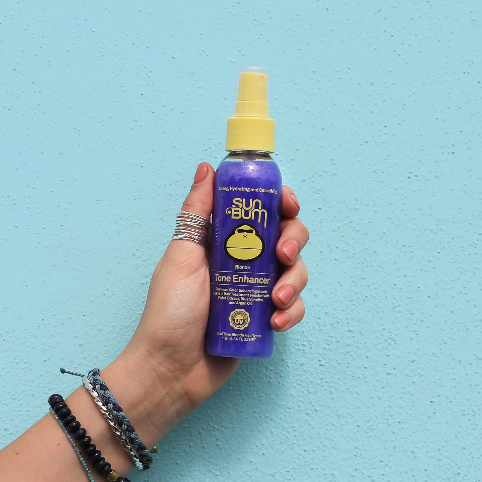 Back label of Sun Bum blonde hair toner showing ingredients and usage instructions
