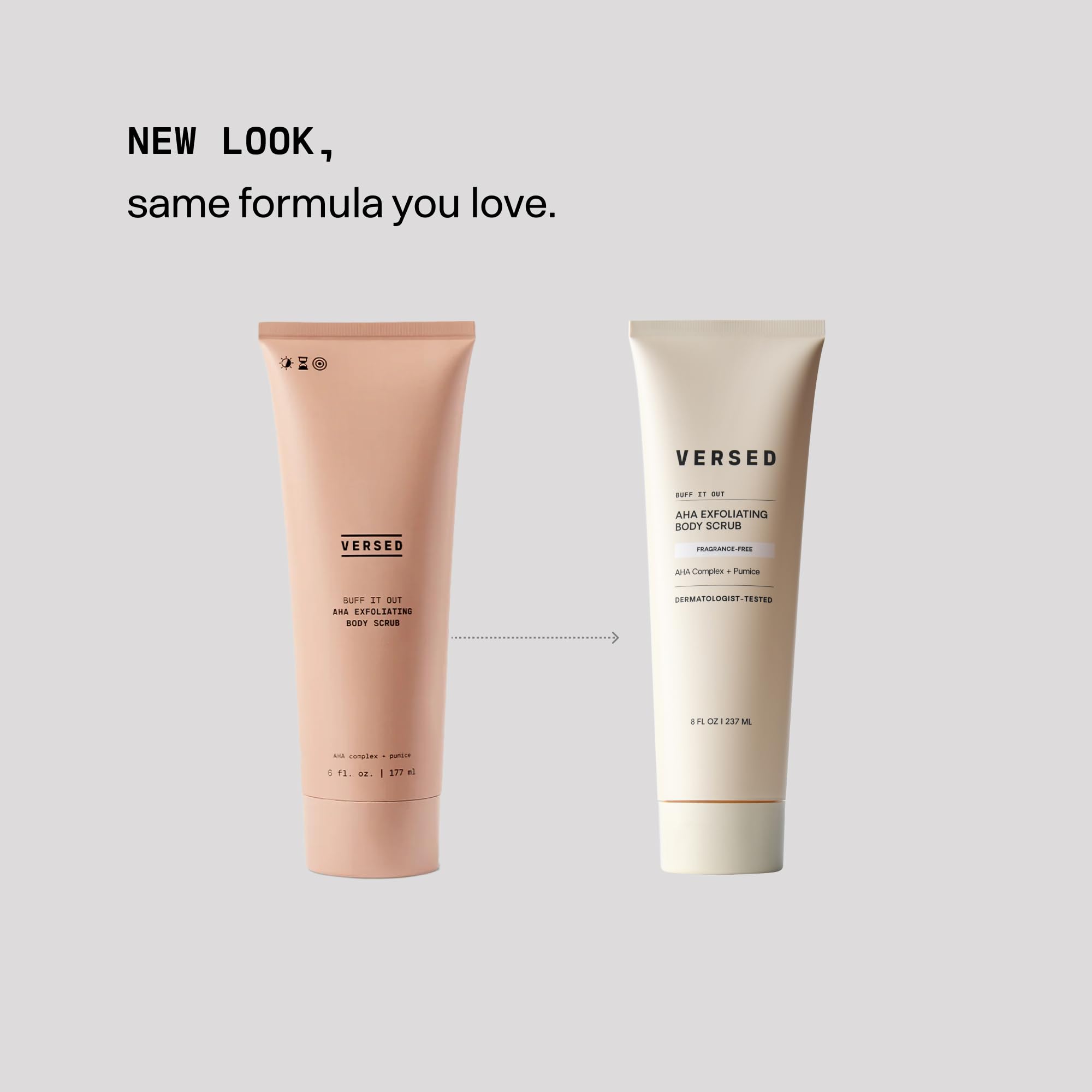 Back label view of Versed unscented exfoliating body treatment showing directions