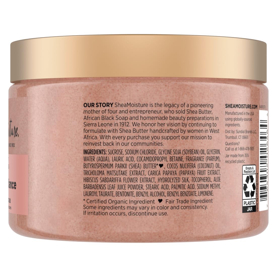 SheaMoisture 12 Ounce exfoliating body scrub container showing product benefits
