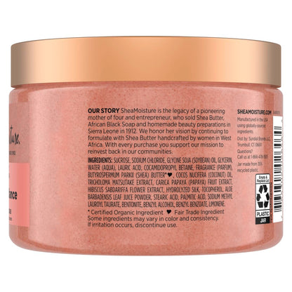 SheaMoisture 12 Ounce exfoliating body scrub container showing product benefits