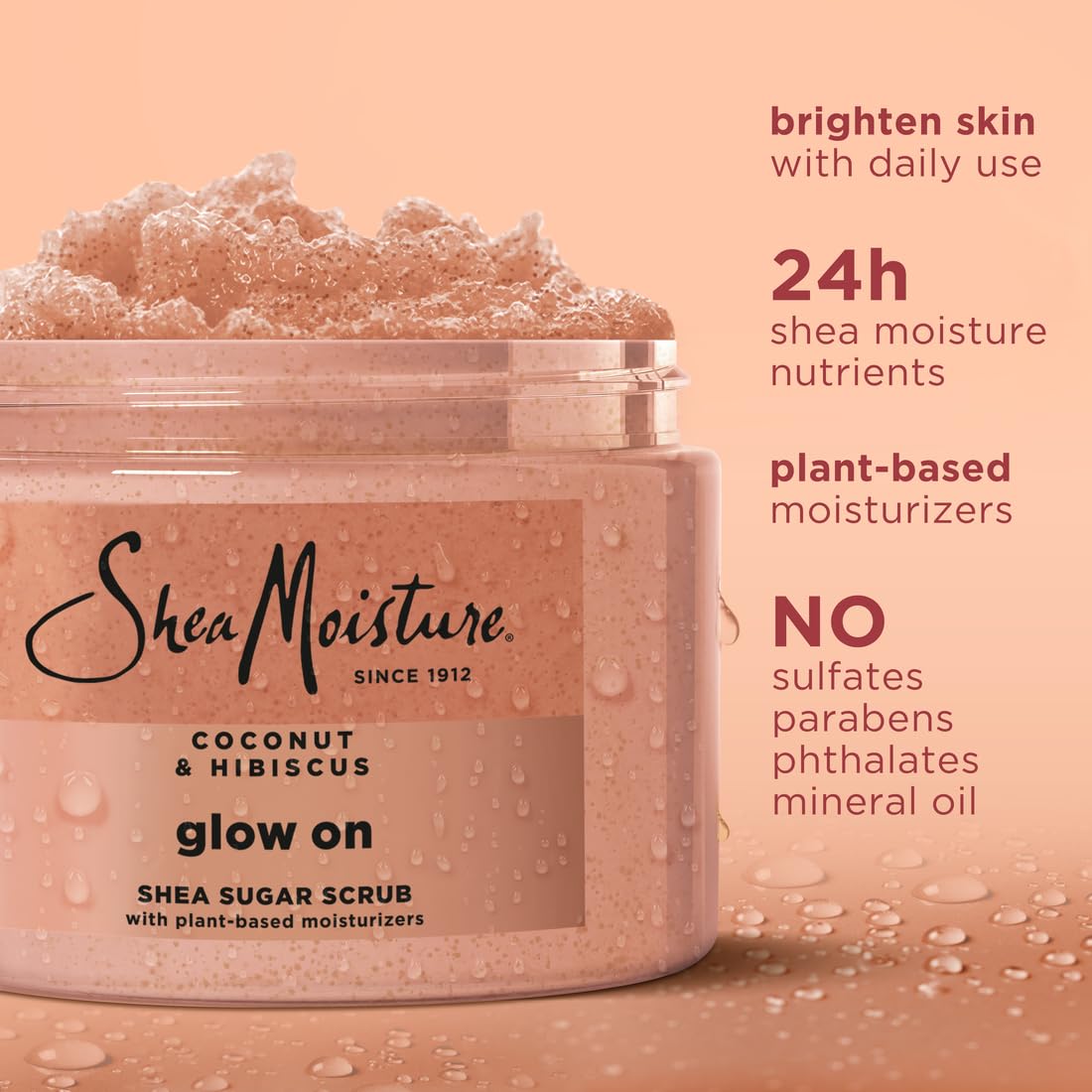 Imported SheaMoisture sugar scrub jar with fair trade shea butter ingredients
