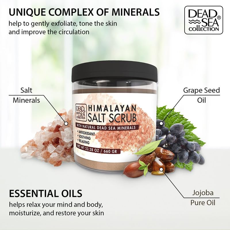 Dead Sea Collection mineral body scrub jar showing net weight twenty three ounce capacity