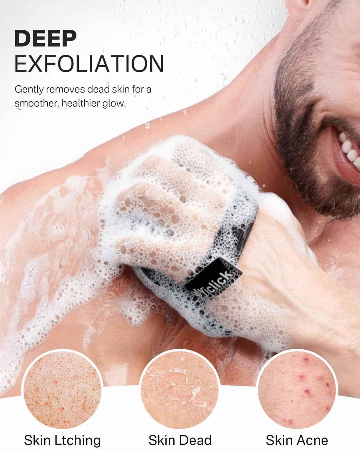 Yiclick bath and body scrub buffer being held by the secure hand strap