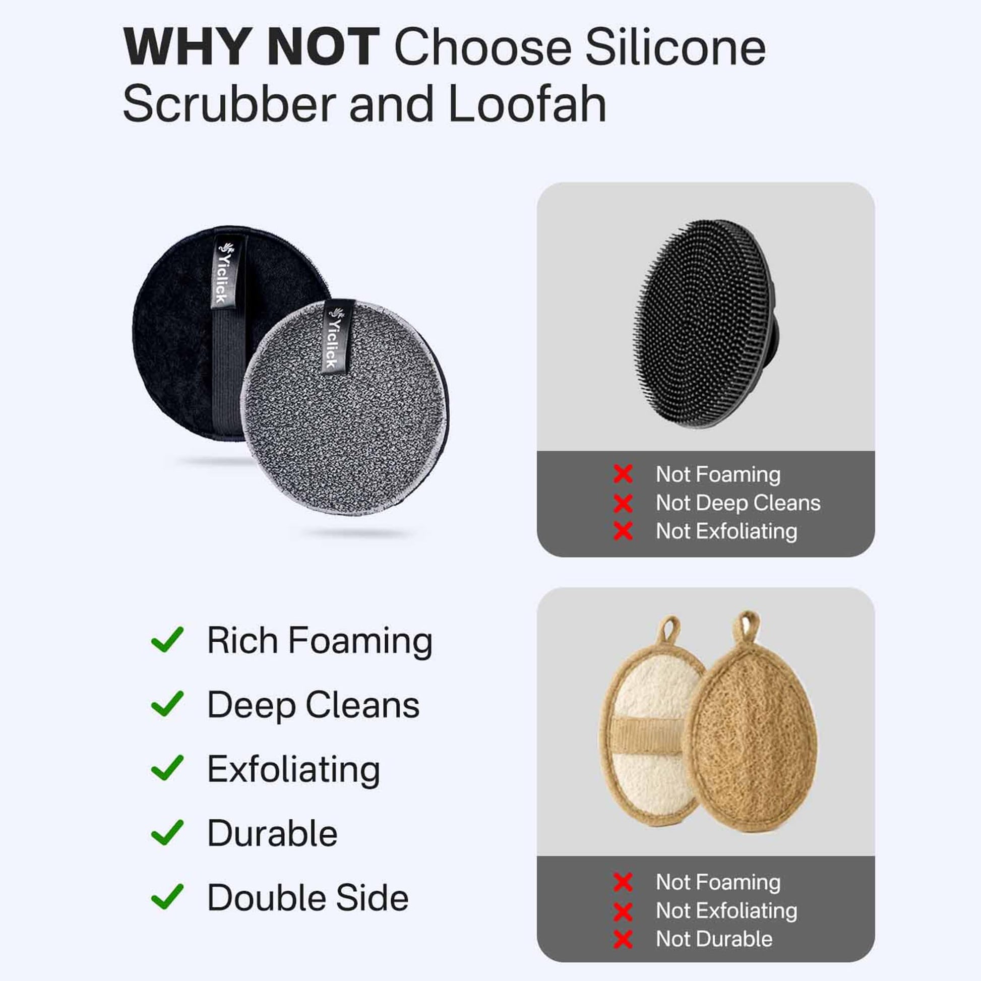 Yiclick premium imported body scrubber hanging to dry in a modern bathroom setup