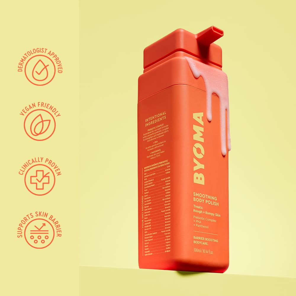 Back of Byoma Smoothing Body Polish bottle showing ingredients
