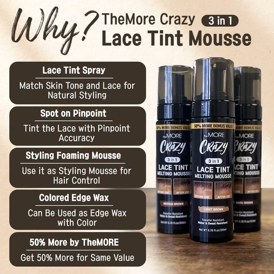 The MORE lace wig concealer mousse in medium brown shade for professional styling