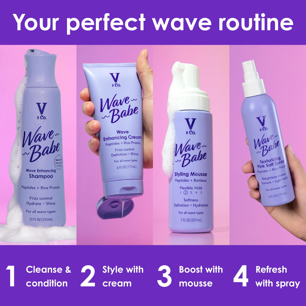 V&Co. Beauty Wave Babe Styling Mousse bottle against a neutral background