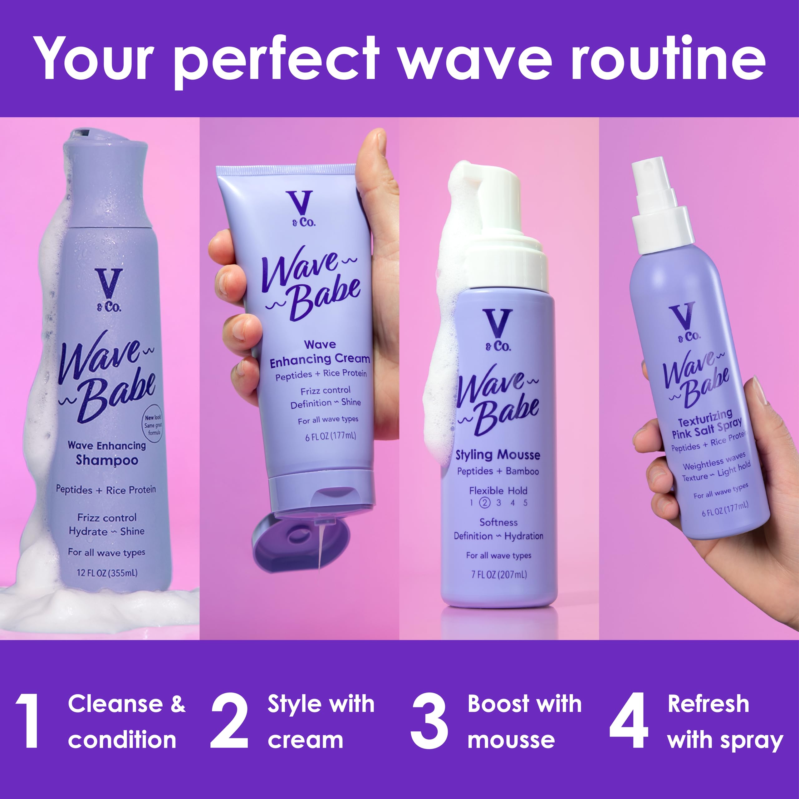 V&Co. Beauty Wave Babe Styling Mousse bottle against a neutral background