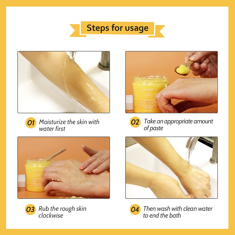 Liyalan Turmeric Body Scrub key ingredients display