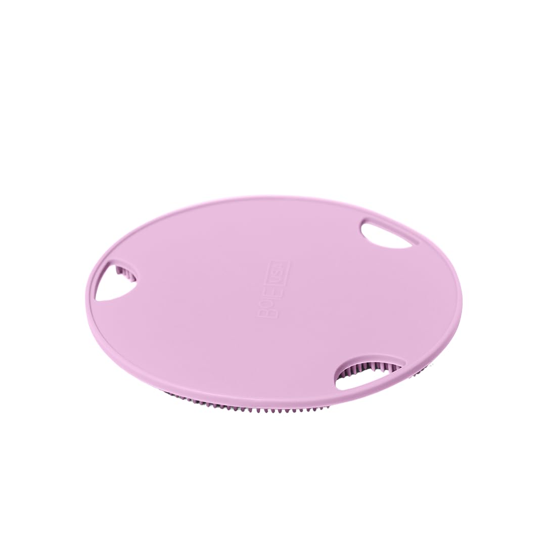 Boie USA loofah alternative in Thistle color highlighting the ergonomic finger grip holes