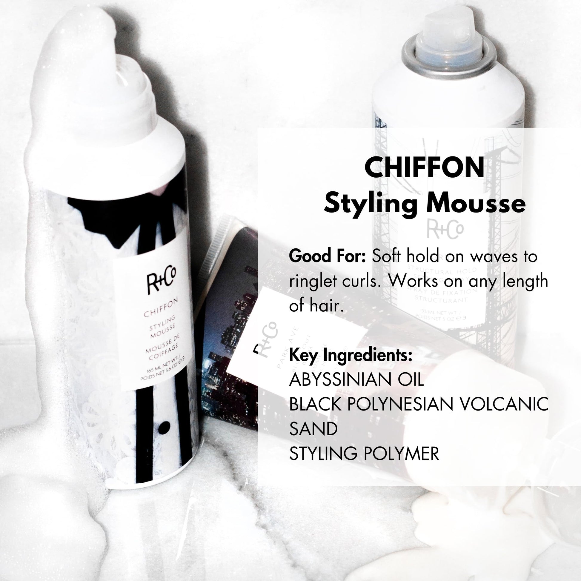 Authentic R+Co Chiffon volumizing hair foam packaging displaying product details.