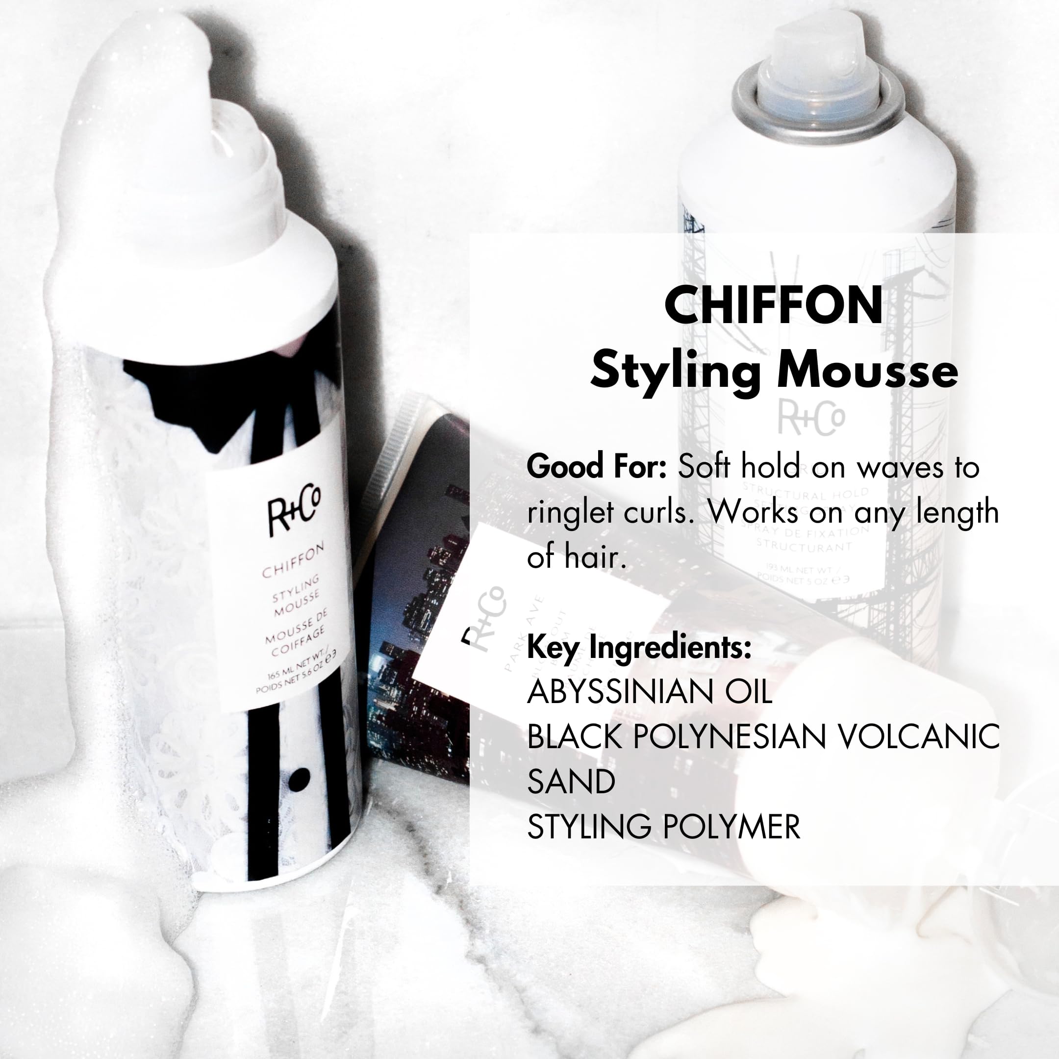 Authentic R+Co Chiffon volumizing hair foam packaging displaying product details.