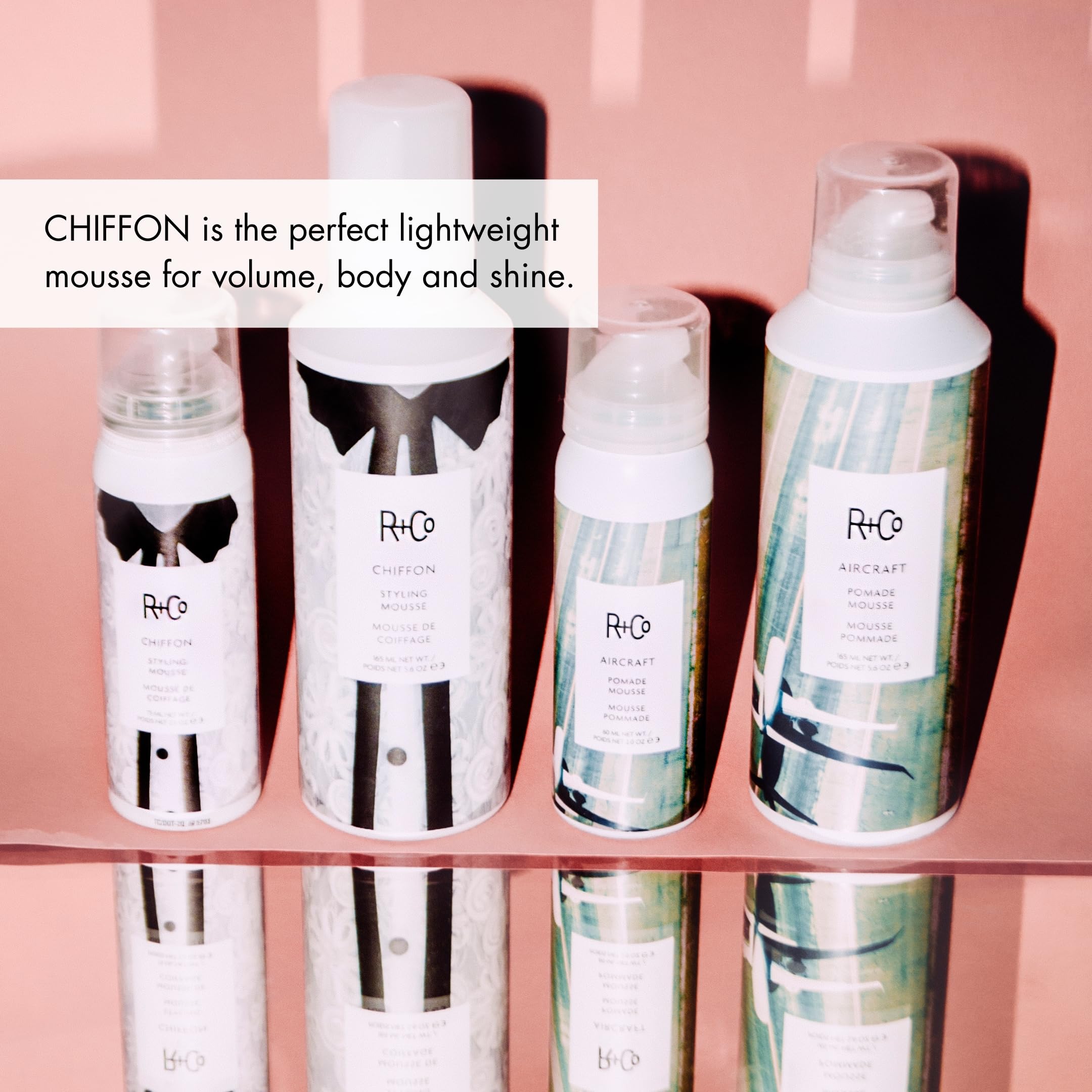 R+Co Chiffon Styling Mousse 5.6 ounce container highlighting the updated actuator valve.