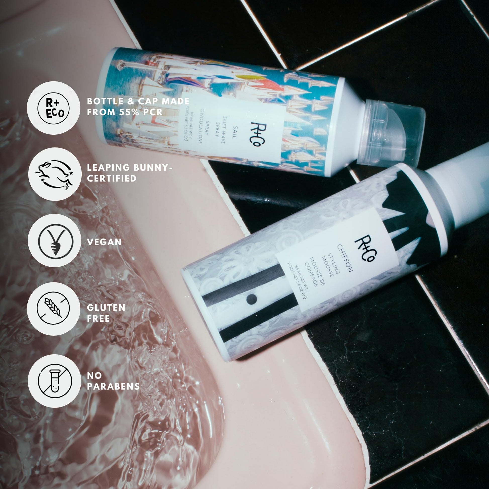 Vegan and cruelty free R+Co Chiffon styling mousse for soft curly hair.