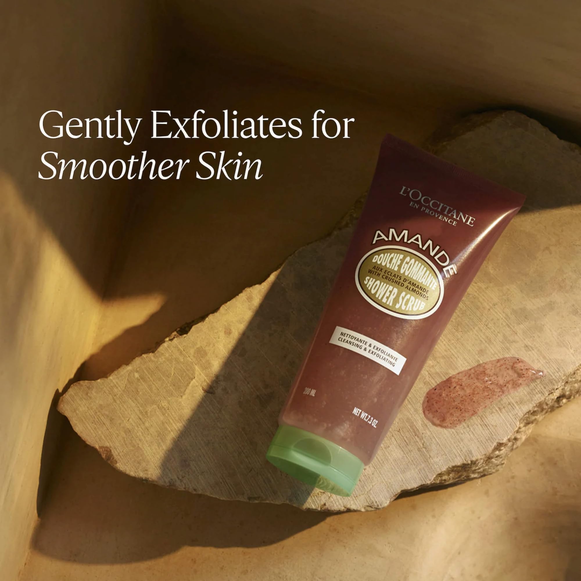 L'Occitane Almond Shower Scrub 200ml tube with almond ingredients