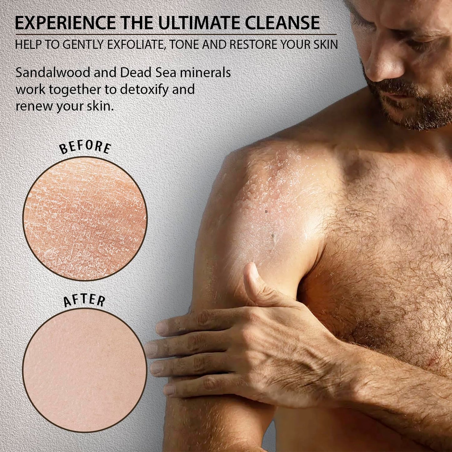 Detoxifying and moisturizing sandalwood body scrub for men bath time