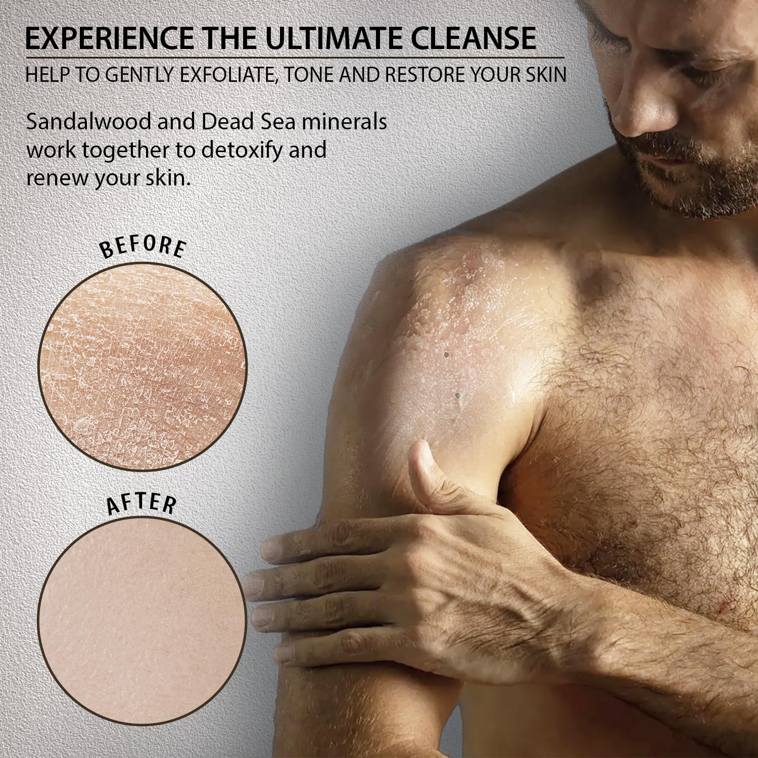 Detoxifying and moisturizing sandalwood body scrub for men bath time