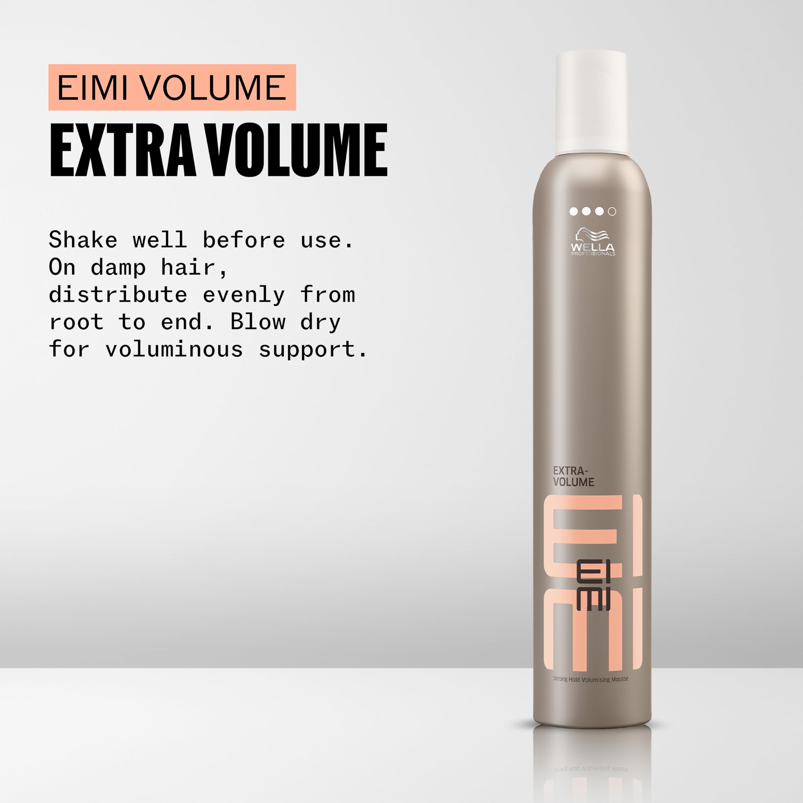 Strong hold volumizing hair mousse container displaying product details and heat protection features