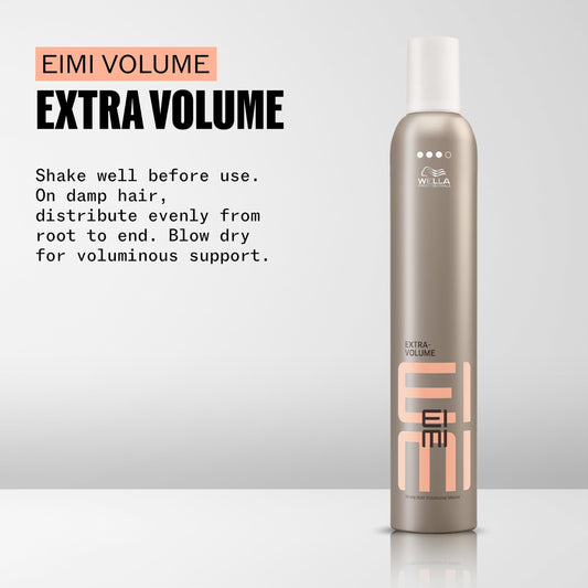 Strong hold volumizing hair mousse container displaying product details and heat protection features