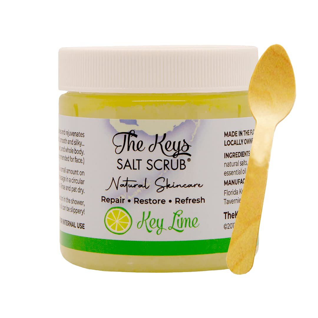 The Keys Salt Scrub packaging with wooden spoon