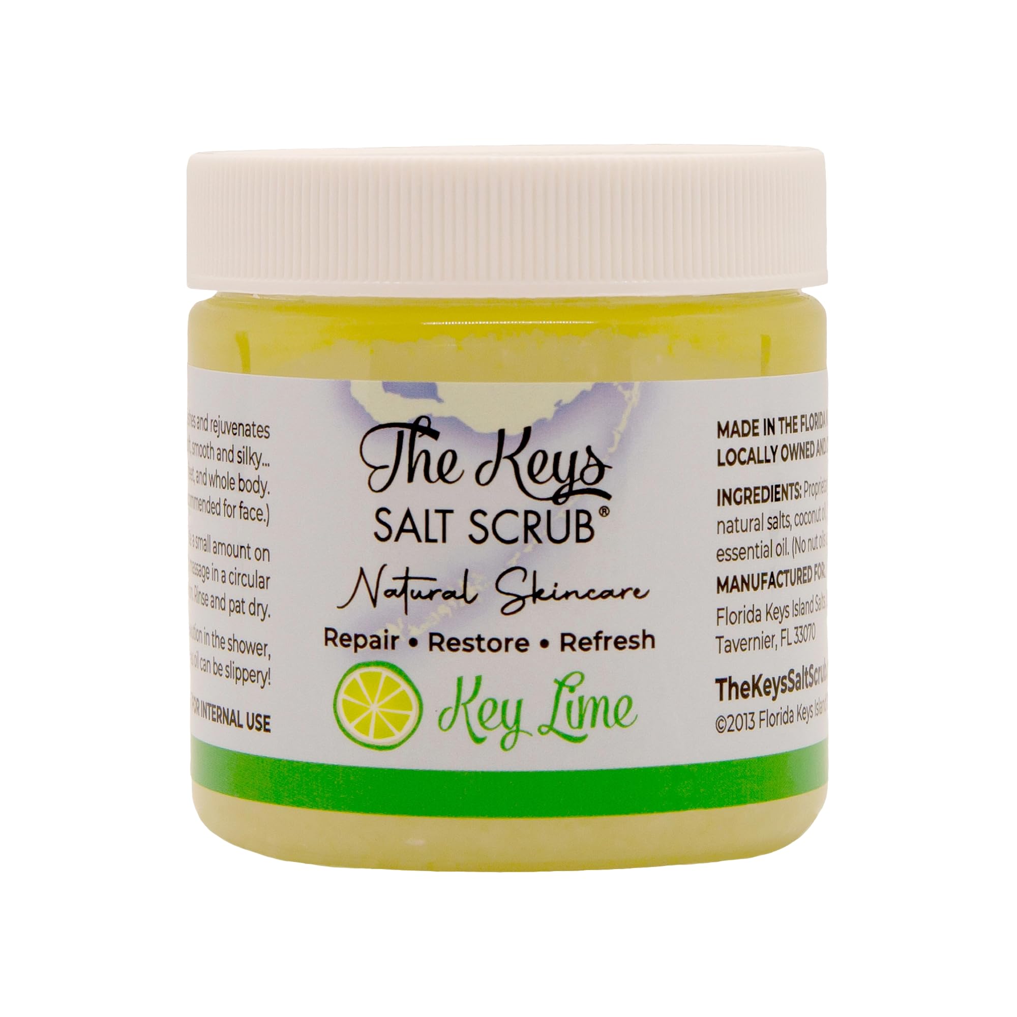 The Keys Salt Scrub jar beside wooden application spoon