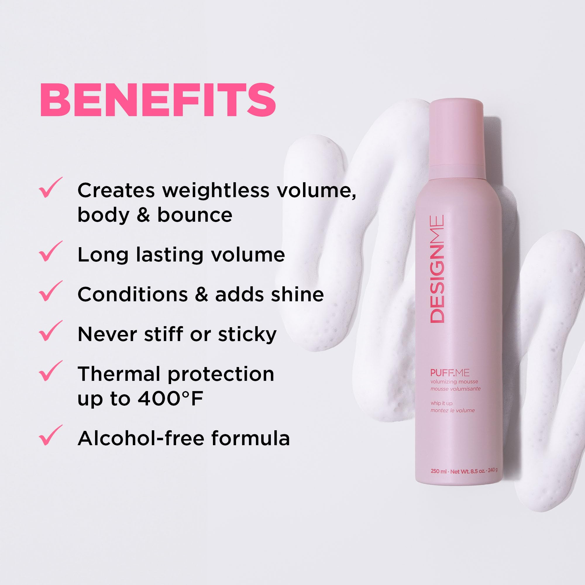 Design Me Puff Me Volumizer Mousse 250ml bottle showing product benefits and brand logo
