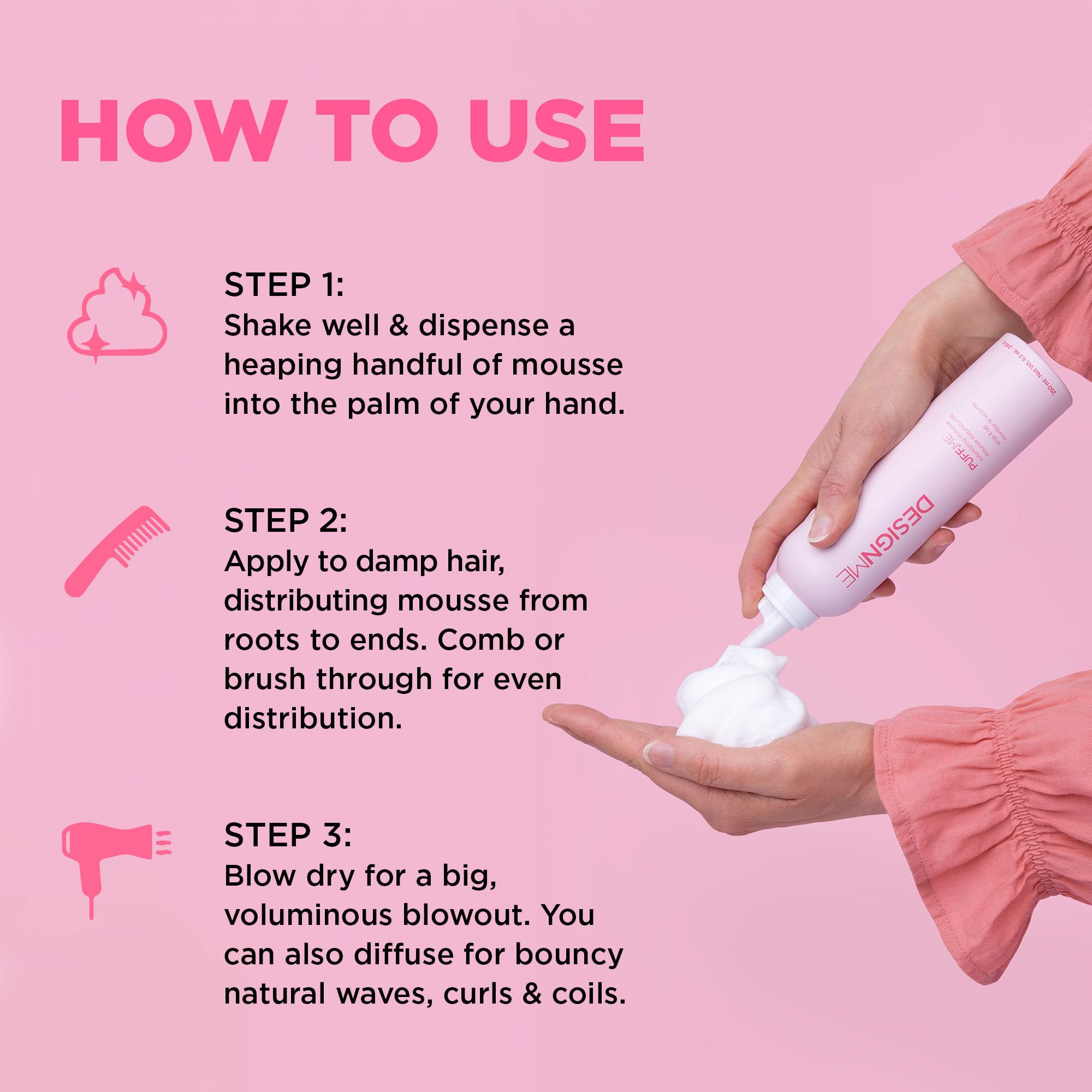 Lightweight styling mousse dispenser nozzle of Design Me Puff Me salon hair product