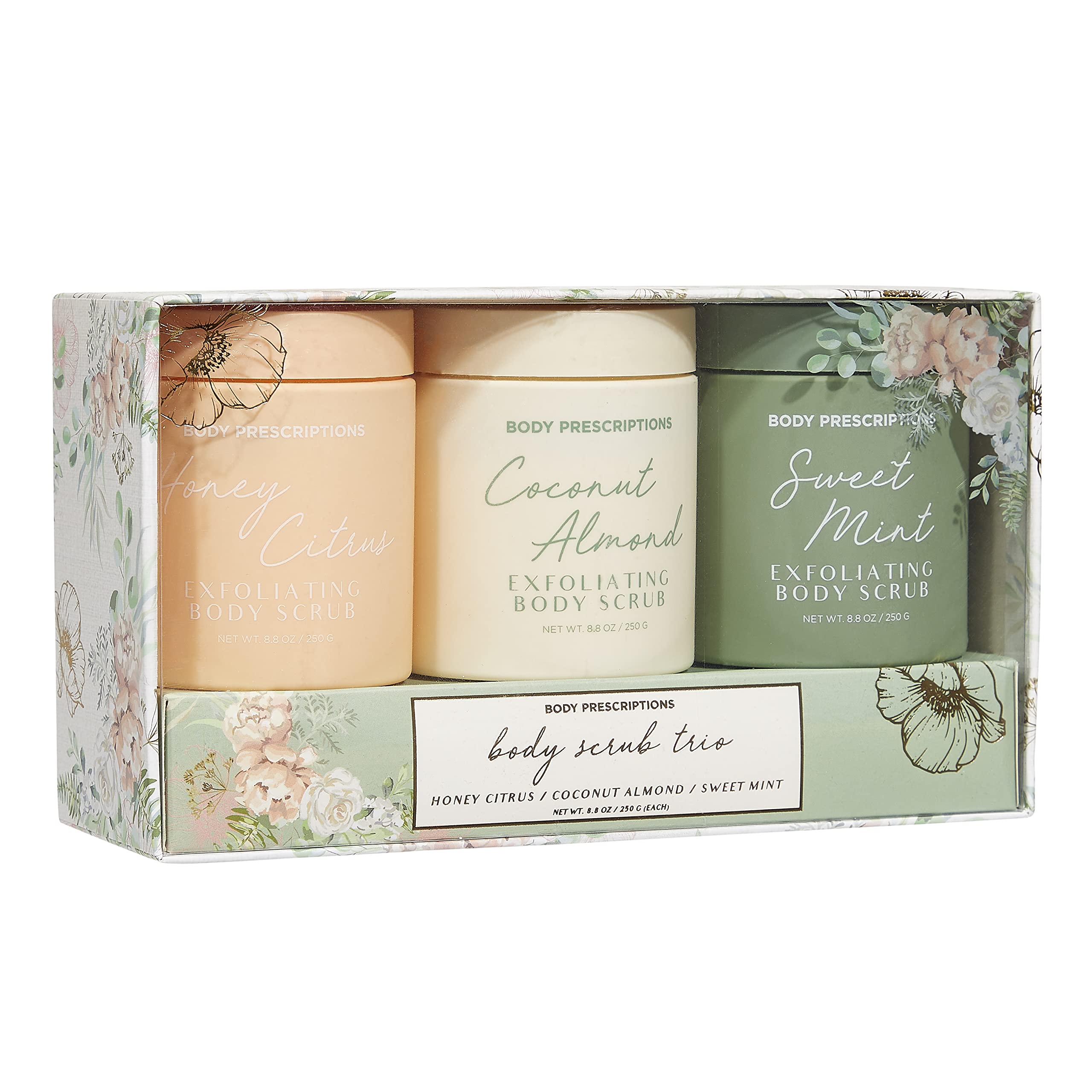 Body Prescriptions Body Scrub trio pack showcasing all three scented variants together