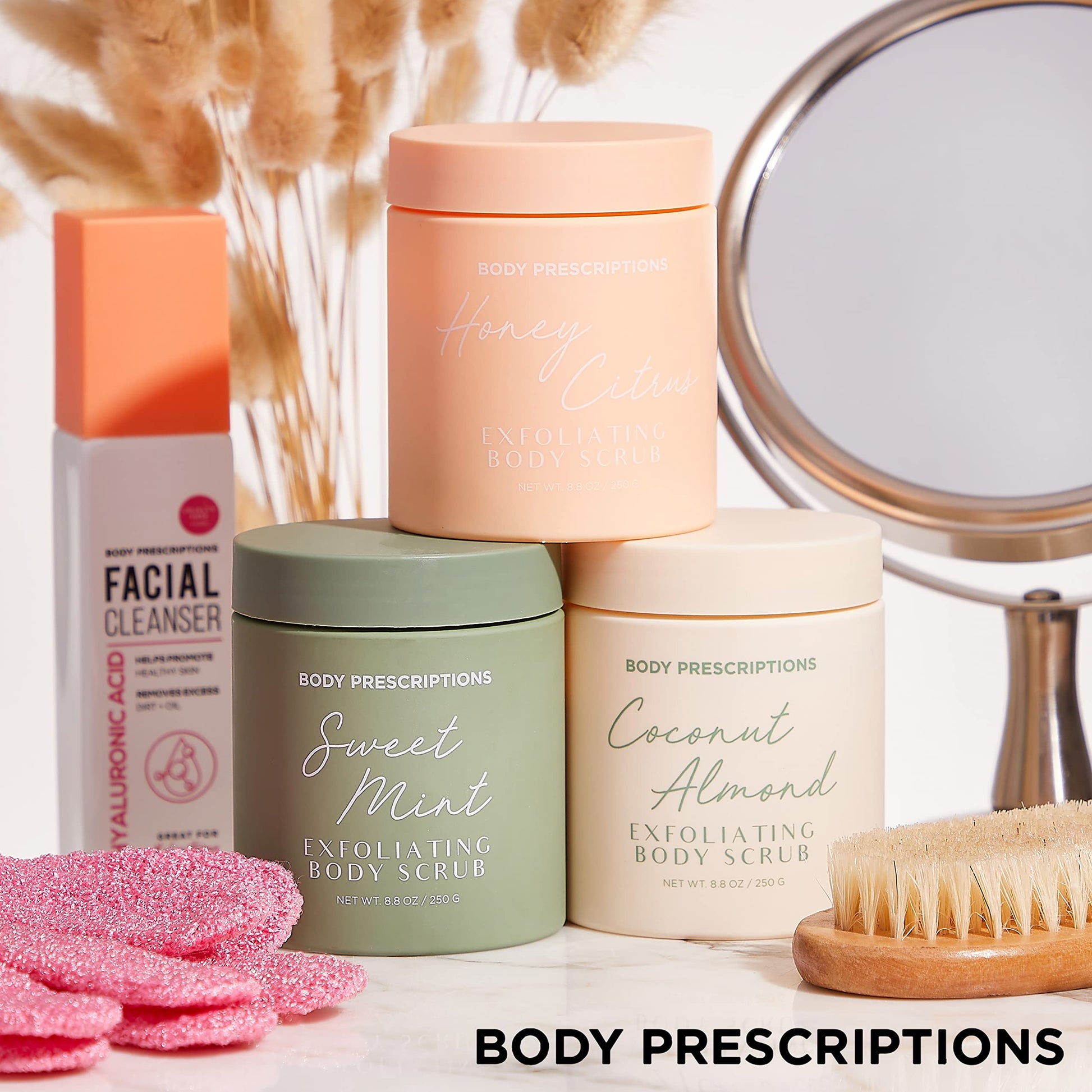 Body Prescriptions authentic USA imported skin smoothing scrub set on display