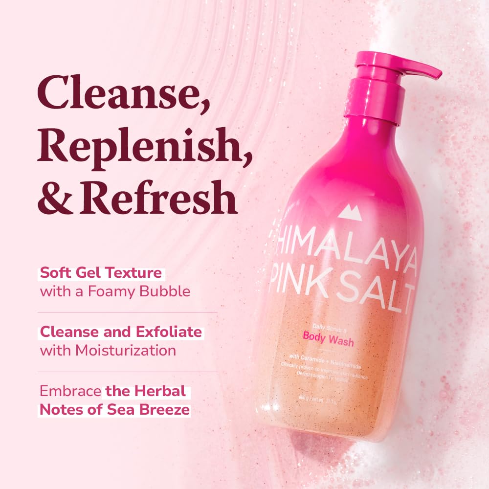 Himalaya Pinksalt body scrub bottle highlighting retinol and hyaluronic acid ingredients.